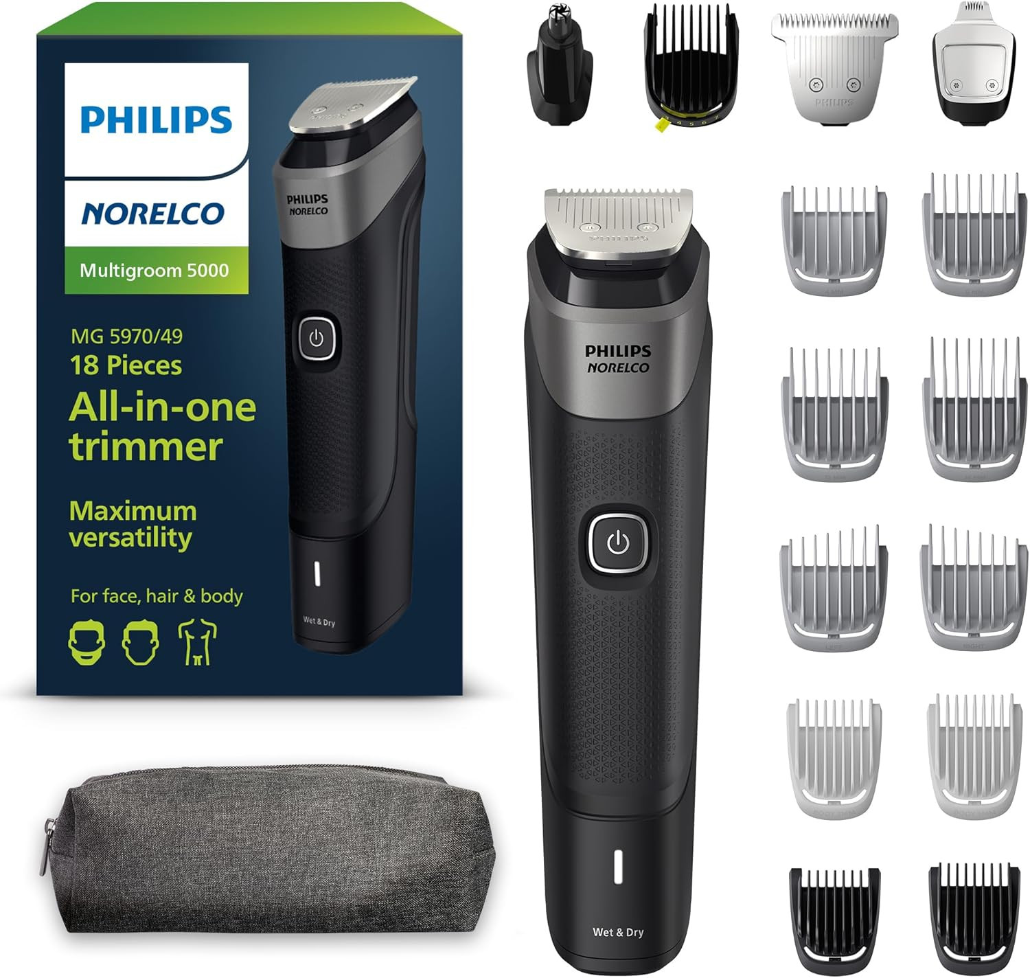 Norelco Philips Multigroom Series 5000, All-In-One Trimmer and Hair Clipper, 18-