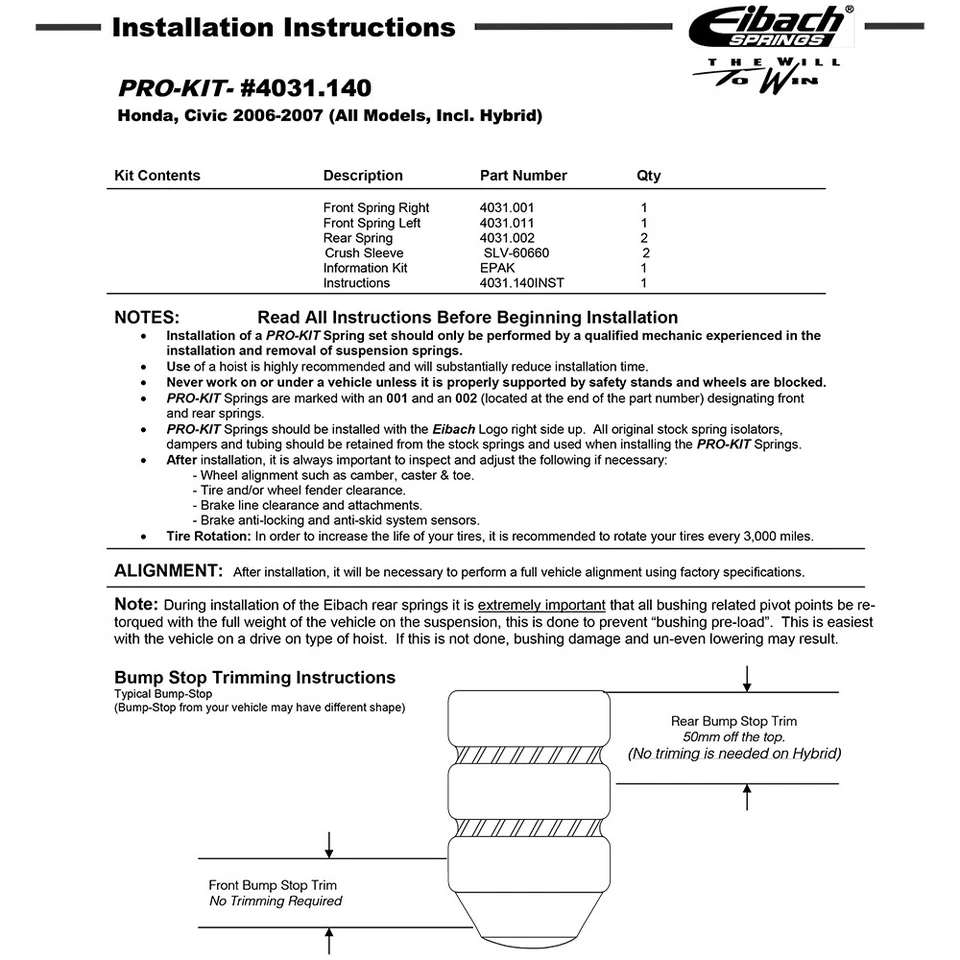 Kit de molas rebaixadoras dianteiras traseiras Eibach 4031.140 PRO-KIT para Honda Civic 2006-11 - Imagem 2 de 4