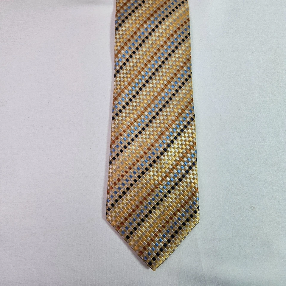 Corbata de pavo real 100 % seda hecha a mano para hombre geométrica dorada 3,5" x 59,5" Foto 3 de 4