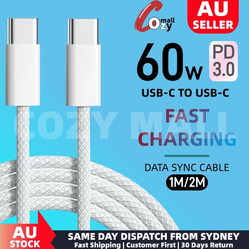 1M/2M 60W Fast Charge USB-C Type C Cable Data Sync Cord For iPhone 15 16 Samsung