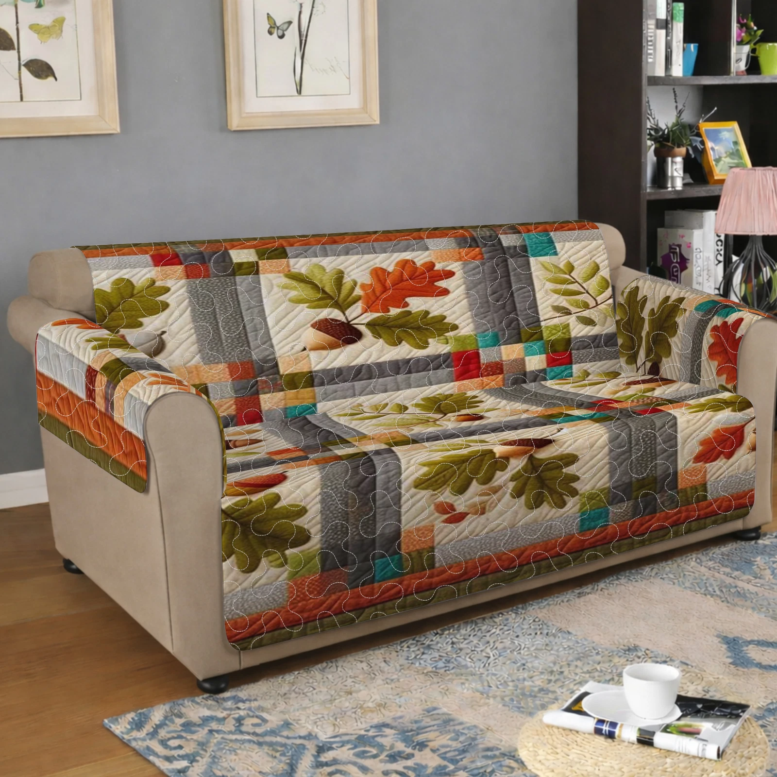 Quilted Sofa Cover, Fall Oak Leaves Theme Couch Protector