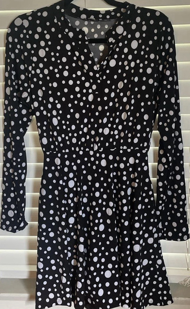 White Birch Black Polka Dot Long Sleeve V-Neck Short A-Line Dress Size S