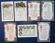 7 Christmas Antique Postcards. EMB. Gold. Fancy Lettering Messages. Nice.