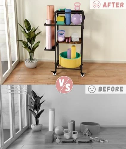 Yoga Mat Storage Rack with Wheels, 3 Tier Home Gym Workout Equipment Organizer Yoga Mat Storage Rack with Wheels, 3 Tier Home Gym Workout Equipment Organizer