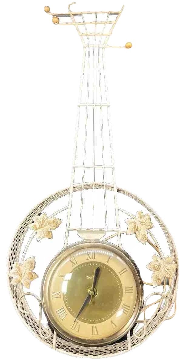 United Mandolin Wall Clock Figural Vtg Mid-Century Modern Musical Instrument