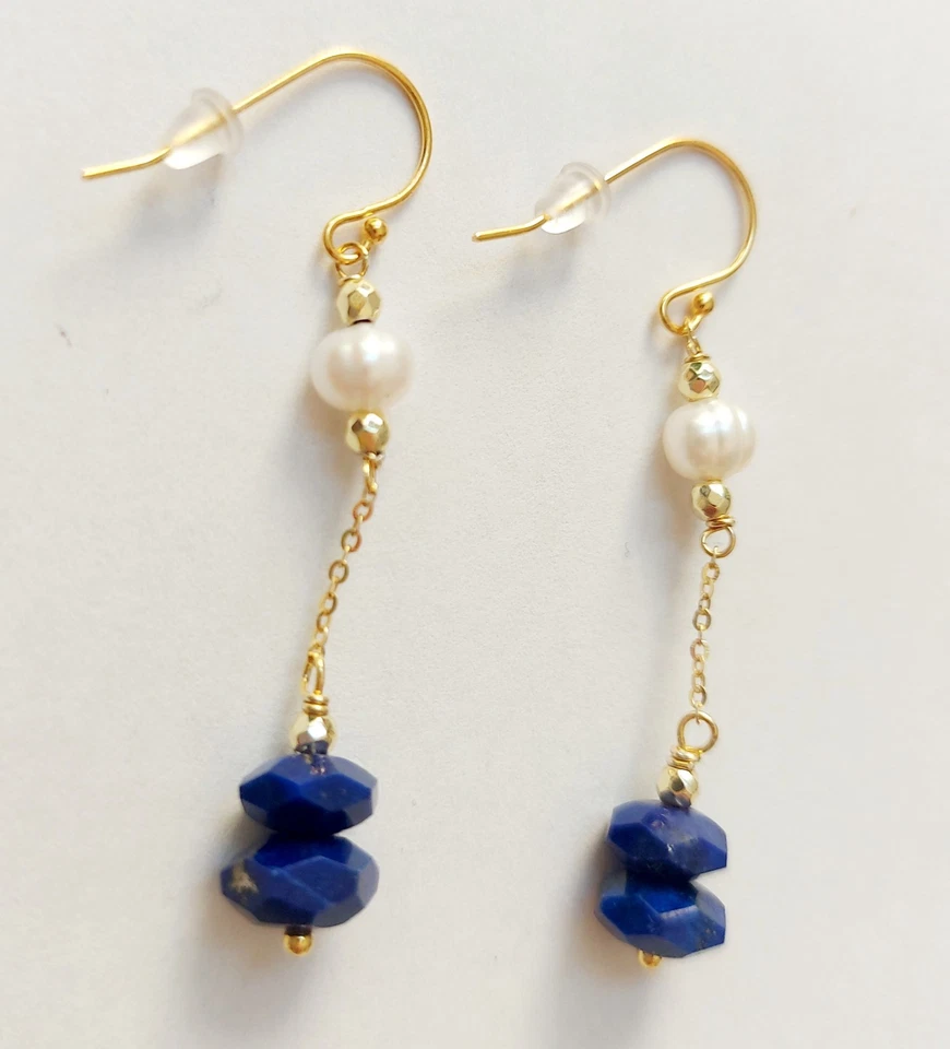 Orecchini pendenti in argento 925 laminato oro con perle, lapislazzuli e ematite - Immagine 2 di 4