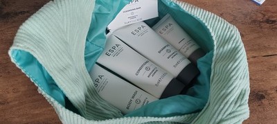 ESPA Bergamot & Jasmine Collection with a light green ribbed glossybox pouch bag