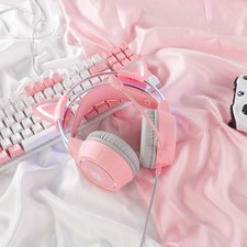 Gaming Headphones Pink Removable Cat Ears Wired Headset Gamer with RGB Light Mic