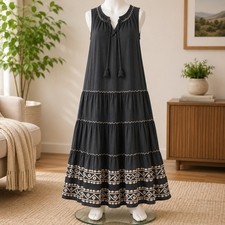 NWT Max Studio Tiered Dress Womens XS Black Embroidered Tassel Boho Sleeveless