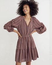 Madewell Seersucker Wrap Midi Dress In Dark Merlot Plaid Boho Lightweight Sz L