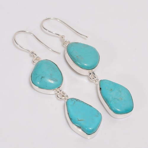 Pendientes colgantes hechos a mano de plata 925 con piedras preciosas turquesa tibetana 2,6" ARE-5855 - Imagen 2 de 3