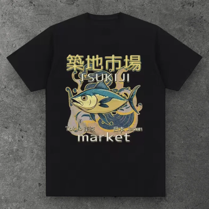 Mens Tsukiji Sushi Market Graphic T Shirt Black Japanese Streetwear S-3XL