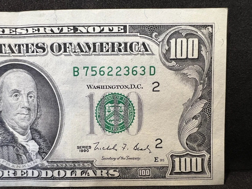 Series 1990 US One Hundred Dollar (AU) Bill Note $100 New York B 75622363 D - Image 3 of 4