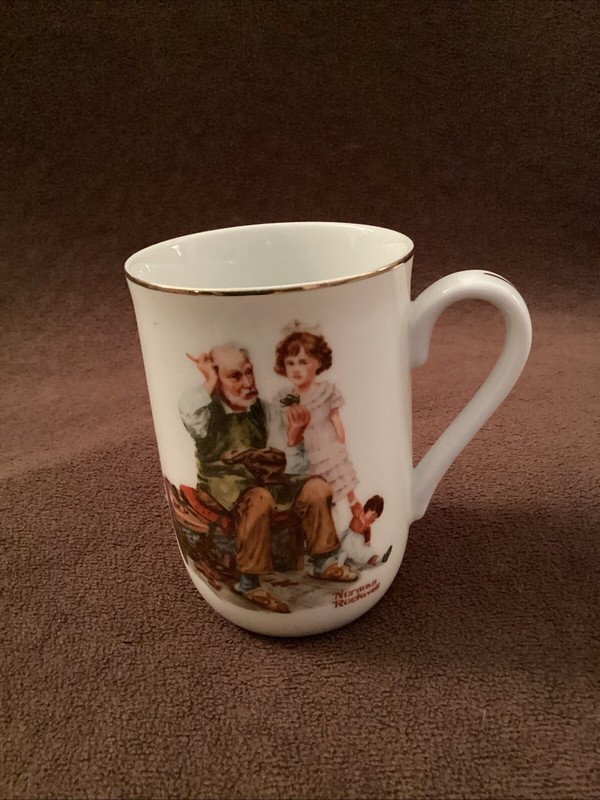 Norman Rockwell Museum: The Cobbler- 1982 Ceramic Gold Rim Coffee Cup/Mug EX.