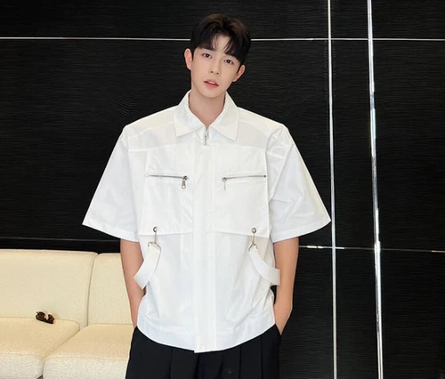 Men's Summer Lapel Short Sleeve Fashion Shirt Punk Gothic Zipper Party Blouses - Bild 4 von 23
