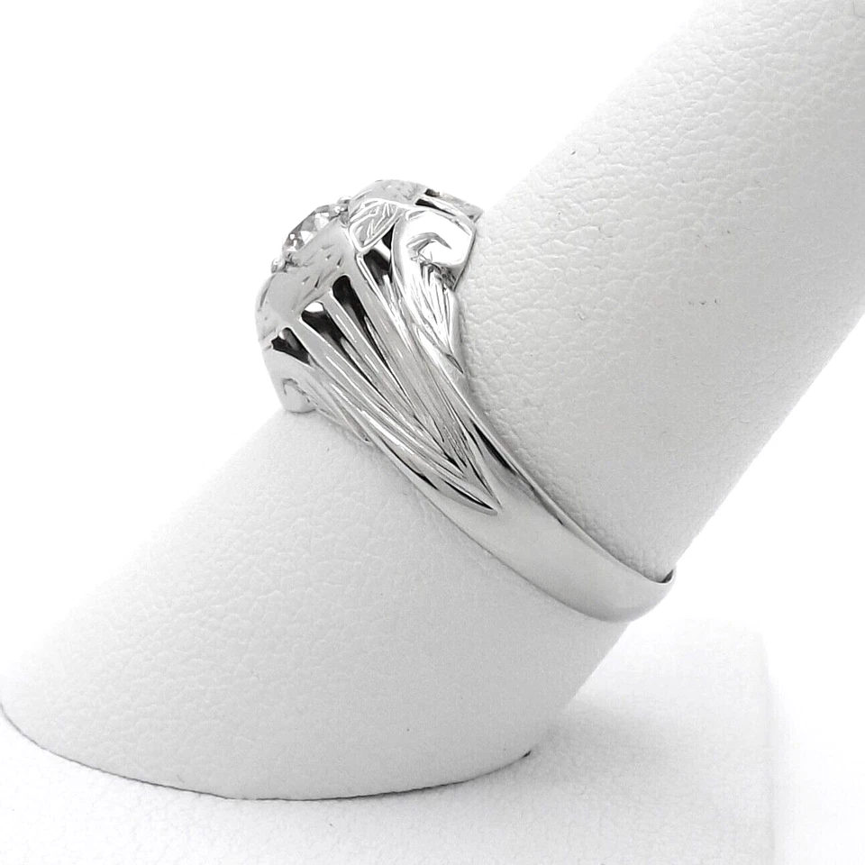 Art Deco Solid 14k White Gold Natural Diamond Carved Star Setting Ring sz9 to 10 - Image 3 of 4