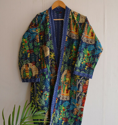 Indian Kantha Quilt Cotton Kimono Frida Kahlo Women's Nightwear Robe Gown Dress