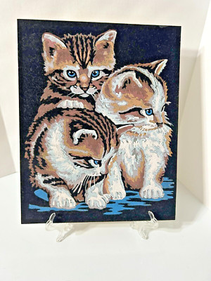Vintage Three kittens Painted on Black Velvet not signed