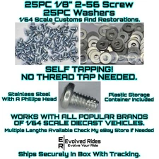 50pc Set 1/8th 2-56 Screw Self Tap FOR 1/64 Scale Customs Restorations Hot Wheel