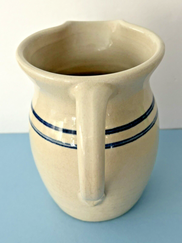 Vintage Signed Marshall Pottery Artisan Stoneware Pitcher Double Cobalt Stripes - Picture 4 of 7