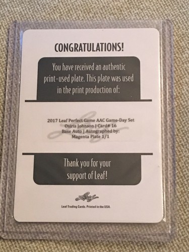 OSIRIS JOHNSON 2017 LEAF PERFECT GAME AUTOGRAPH PRINT PLATE #1/1 MARLINS RC - Picture 2 of 2