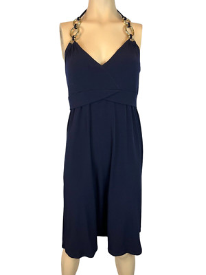 Boston Proper Navy Jersey Empire Waist Midi Halter Dress  Size 6  Metal Rings