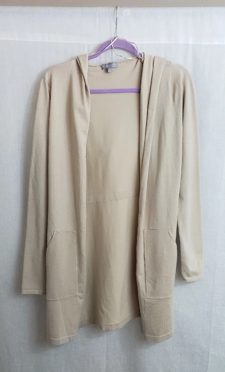 Evolution by Cyrus Sweater Cardigan Hoodie Open Front Beige Tan