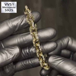 Authentic Moissanite Hip Hop Miami Box Clasp Gold Plated Sterling Silver Bracelet 7.5inch