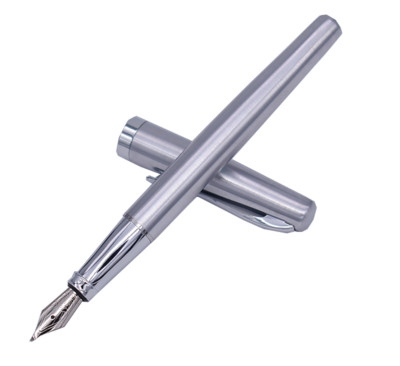 Duke 209 Stainless Steel Fude Fountain Pen Calligraphy Bent Nib, Pure Silver