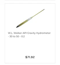 W.L. Walker Certified API Gravity HYDROMETERS 30-50. 10 available  