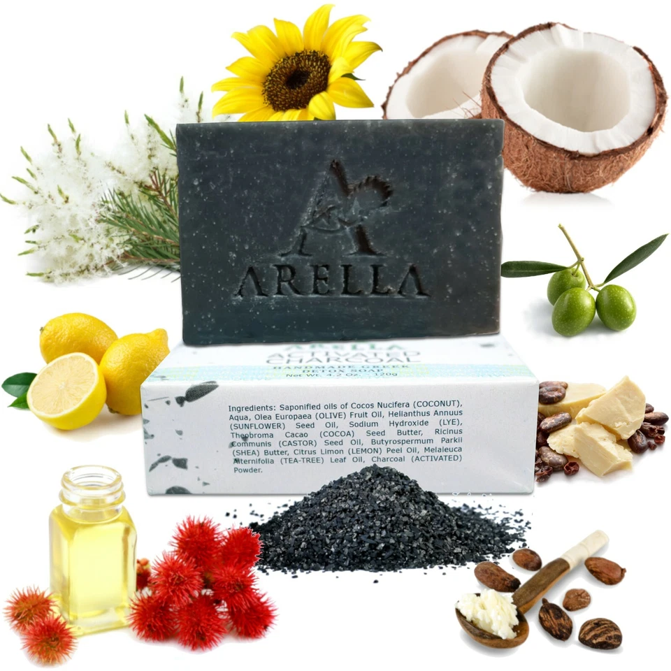 ARELLA - Barra de jabón desintoxicante de carbón activado, hecha a mano en Grecia, 4,2 OZ Foto 2 de 4