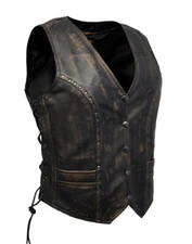 Womens Distressed Brown Leather Vest Decorative Studs Concealed Carry Side Lace