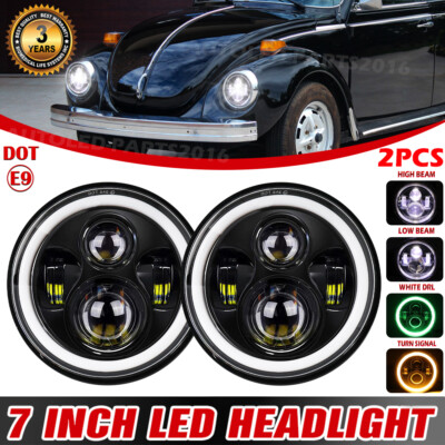 Pair 7'' Round LED Headlights Hi/Low Beam&Green Halo DRL For VW Beetle 1950-1979