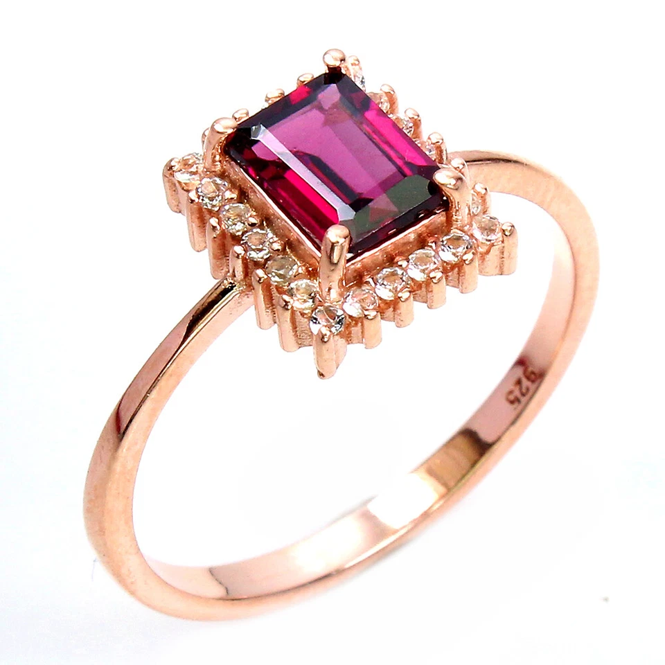 Anello In Argento Sterling 925 Ottagono Granato Rhodolite Gemma Topazio 7x5mm - Immagine 2 di 4