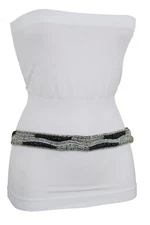 Women Fashion Grey Narrow Belt Elastic Waistband Silver Black Beads Hippie S M