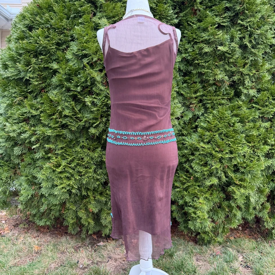 Vestido Zoe D. Cuentas XS - Vestido de Cóctel Marrón Transparente Turquesa Cuentas a Mano Y2K  Foto 3 de 4