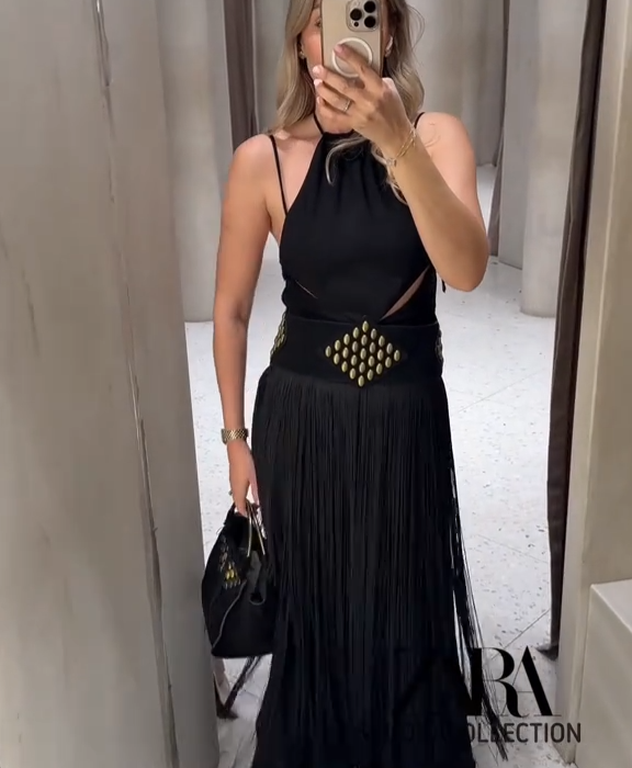 Zara Limited Edition Studded Tassel Sash Belt Black Gold W32 W34