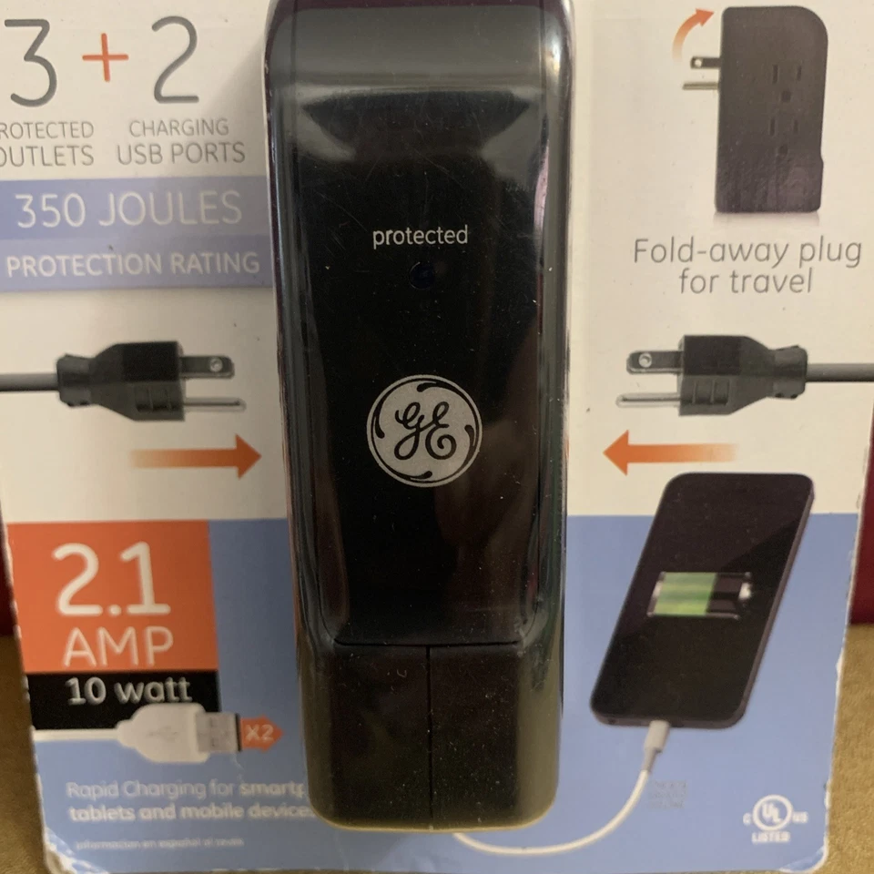 GE 10516 3 + 2 Travel Surge Protector 350 Joules with USB ports  NEW - Image 2 of 4