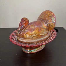 Mosser Glass USA MARIGOLD CARNIVAL Turkey on Nest Lace Edge THANKSGIVING Holiday