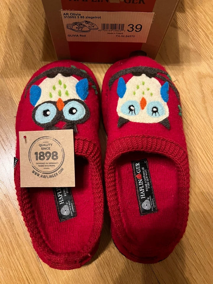 全新带盒 HAFLINGER 女士 OLIVIA 猫头鹰舒适室内羊毛拖鞋,尺寸 39 MSRP,110.00 美元 — 第 2/4 张图片