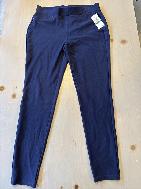 NEW Michael Kors Pull Up Navy Blue Stretch Slacks Gold Buttons Women Size Large