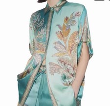Women's 2pc Satin Floral Collared Button Shirt  Wide-Leg Pants Set Large