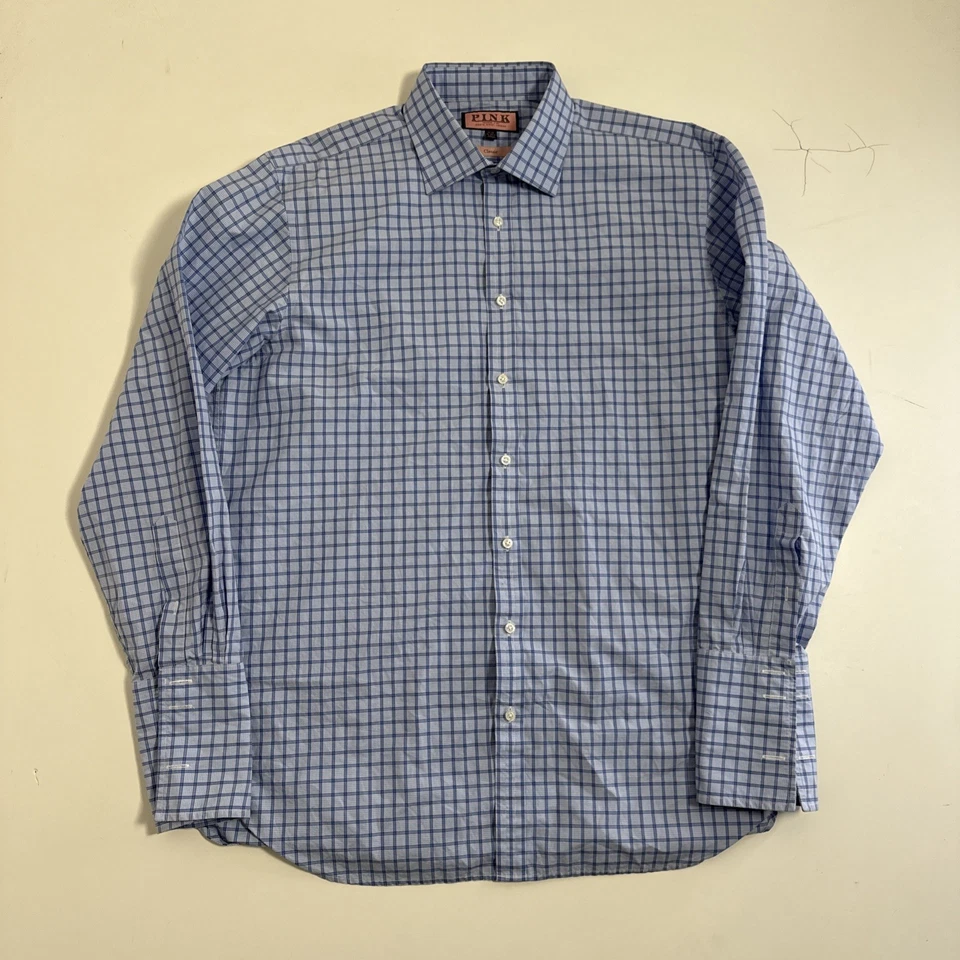 Camisa de vestir Thomas rosa para hombre 17 35 azul a cuadros abotonada Foto 2 de 4