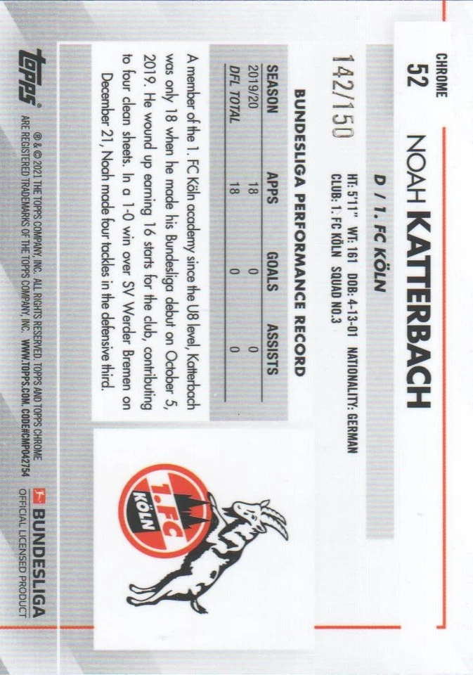 2020-21 Topps Chrome Bundesliga Soccer Card Blue Wave #52 Noah Katterbach /150 - Image 2 of 2