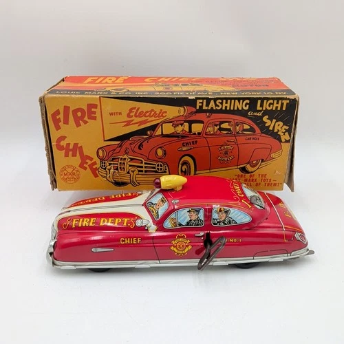 1950s Louis Marx Toys Tin Litho Fire Dept Chief Car Wind Up w/ Original Box