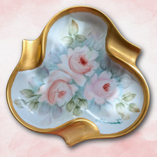 Bavarian/Prussian style early 20th c. hand-painted signed porcelain trinket dish
