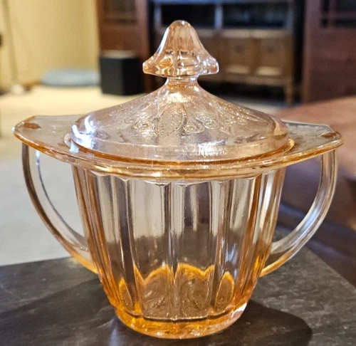 2 handled Jeannette Glass Pink Adam Candy Sugar Dish Depression Square lidded