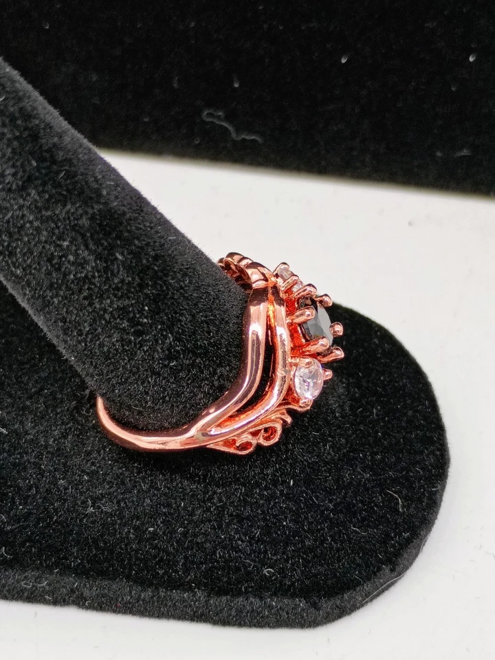Plato de oro rosa en ónix negro esterlina y circonita cúctel damas anillo de moda talla 9 Foto 2 de 4
