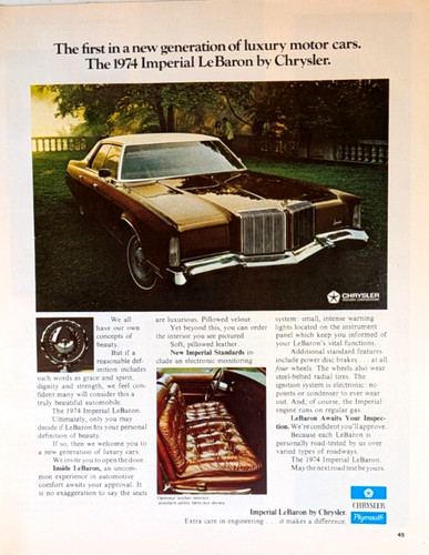 1974 Chrysler Imperial LeBaron Vintage 1973 Print Ad Original Luxury Car Decor