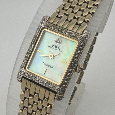 Anne Klein Quartz Watch Women Gold Tone MOP Diamonds Rectangle New Battery 7''